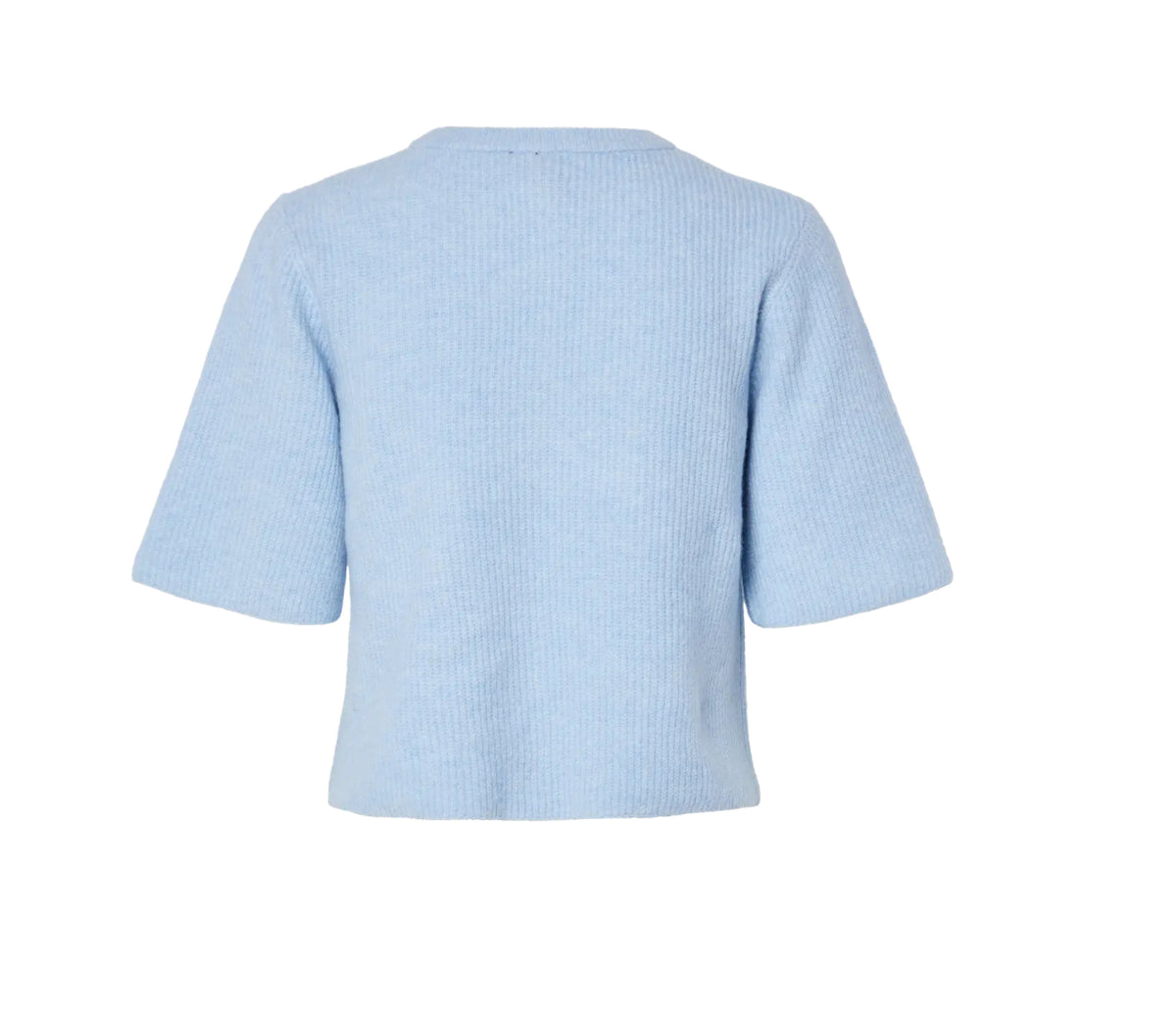Cardigan m. Korte ærmer og rund halsudskæring.