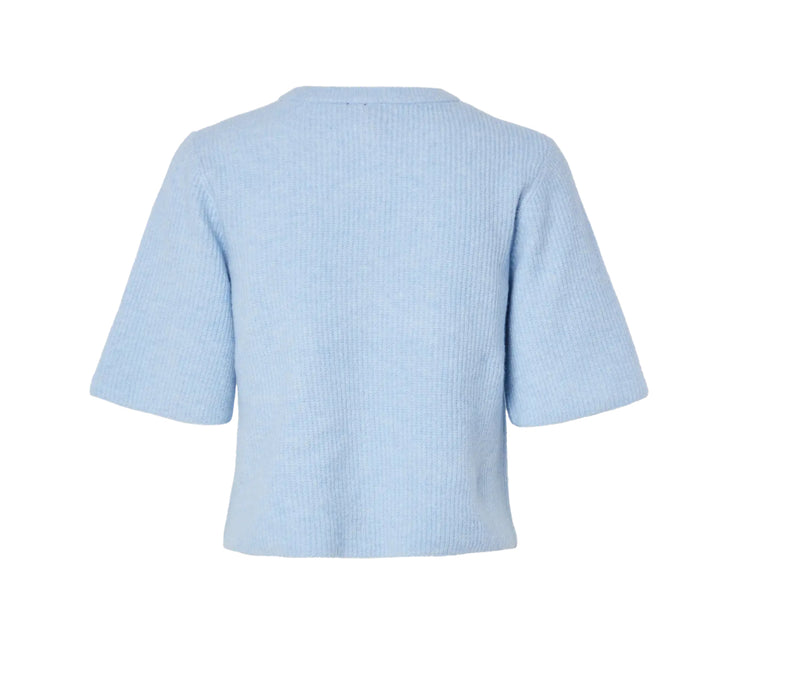Cardigan m. Korte ærmer og rund halsudskæring.