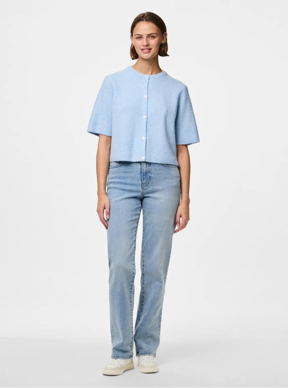 Strikker t-shirt cardigan i blå 