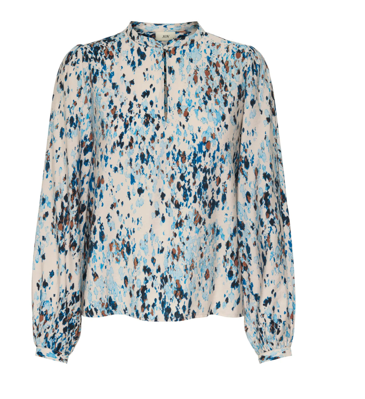 Elegant hvid bluse med blå og beige plettet design 