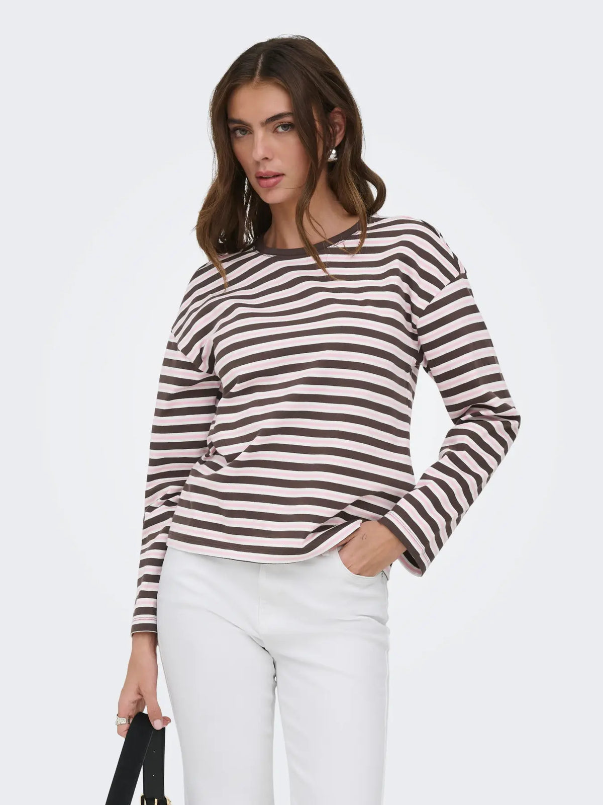 ONLY Soph stribet dame top i rosa og kaffebrun - detalje