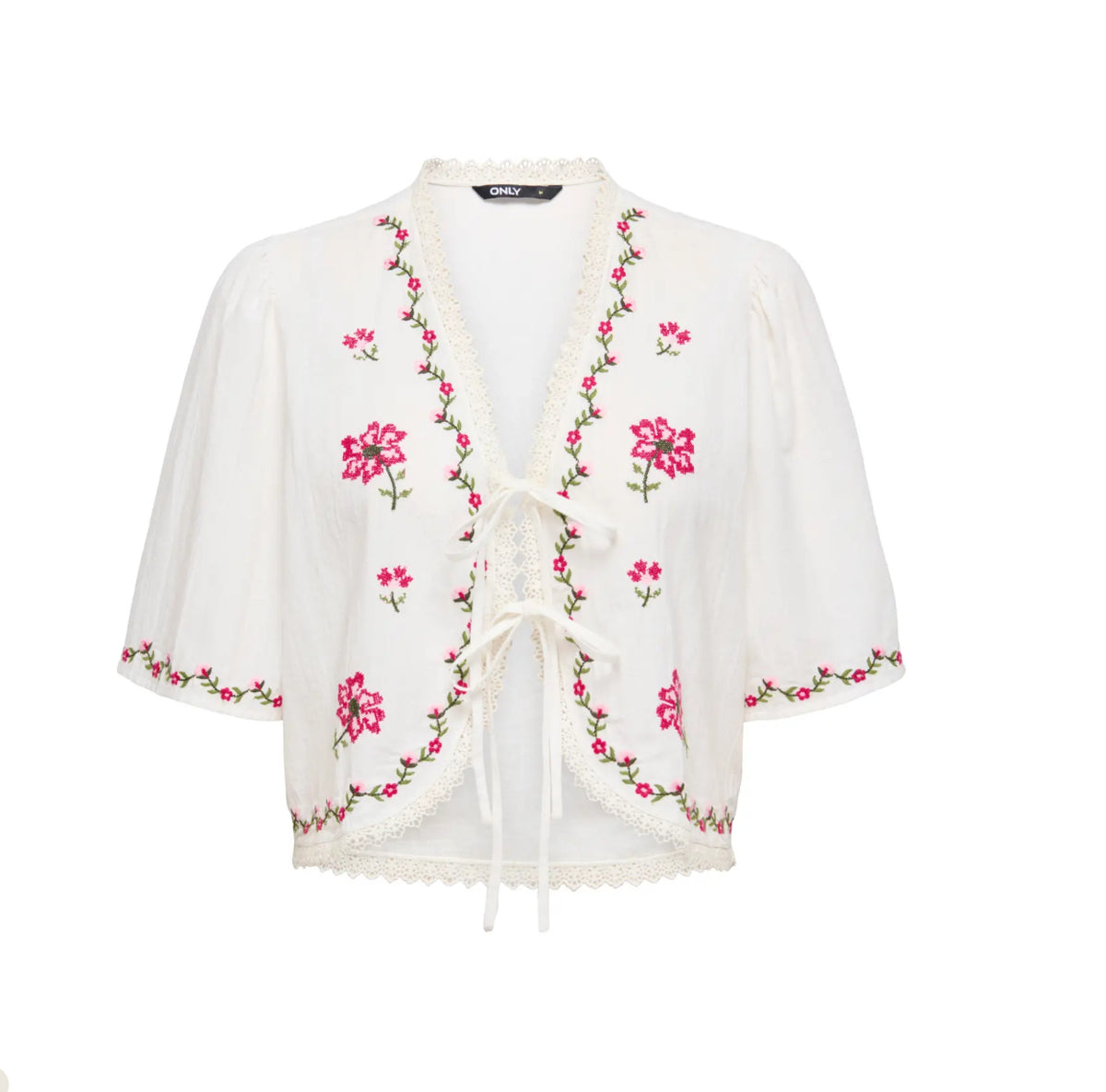 PIGALLE bluse med pink blomster broderi 