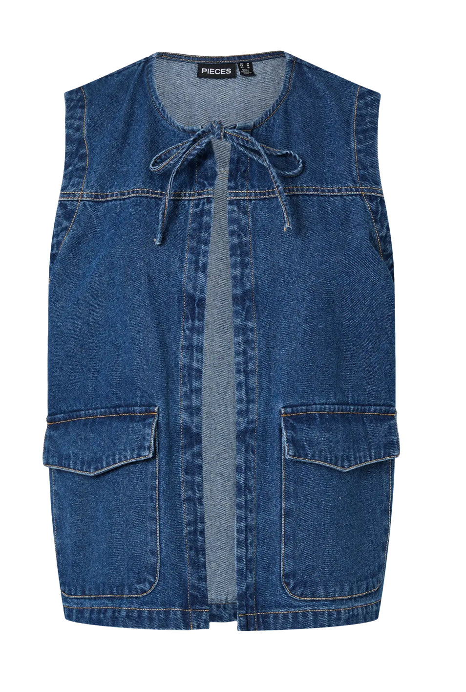 Denim vest fra pieces, store lommer foran og bindebånd 