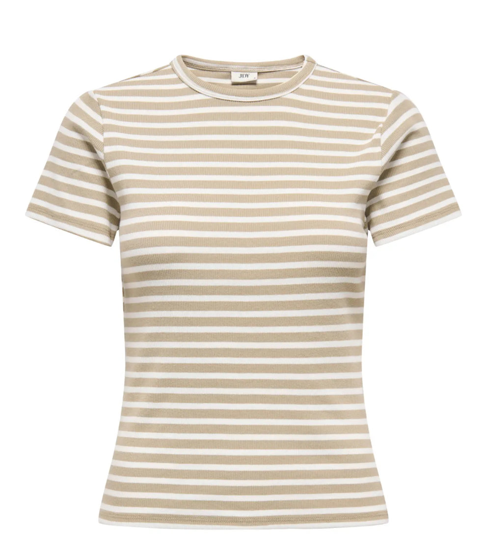 JDY sand og hvid stribet rib bluse med lille ærme