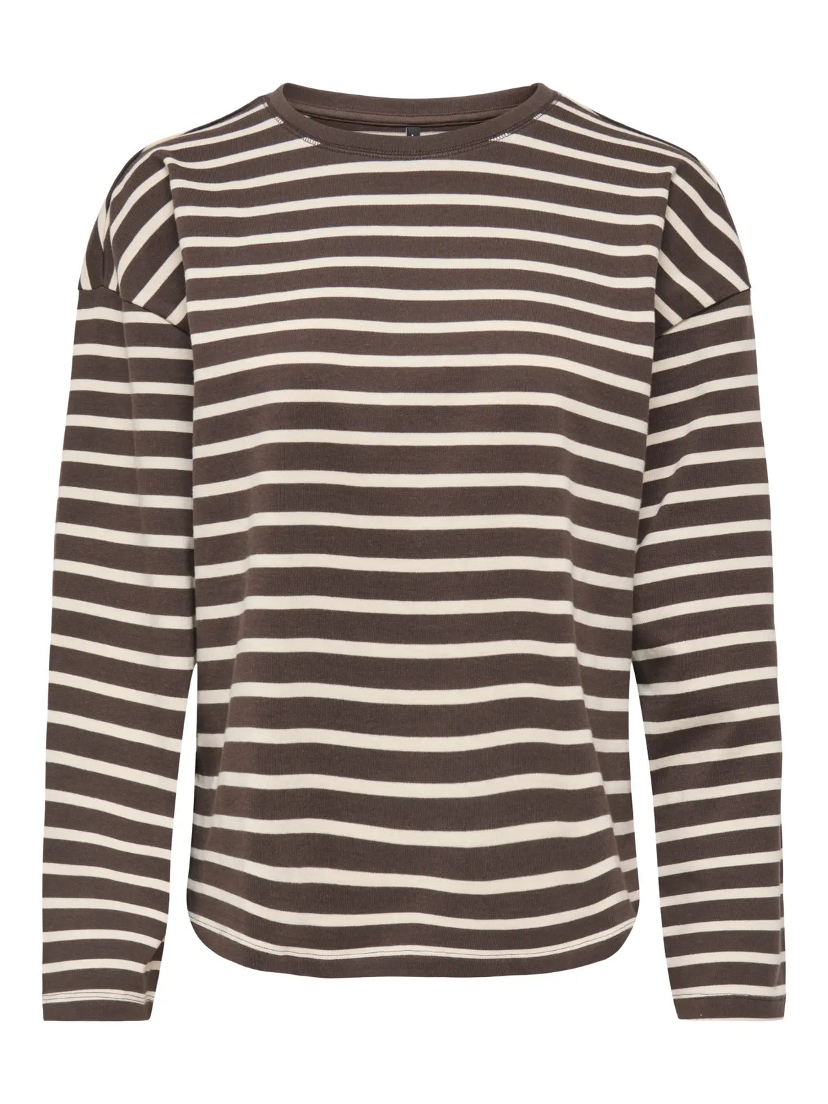 ONLY Soph stribet top i kaffebrun og off-white - dame langærmet bomuldstop forfra