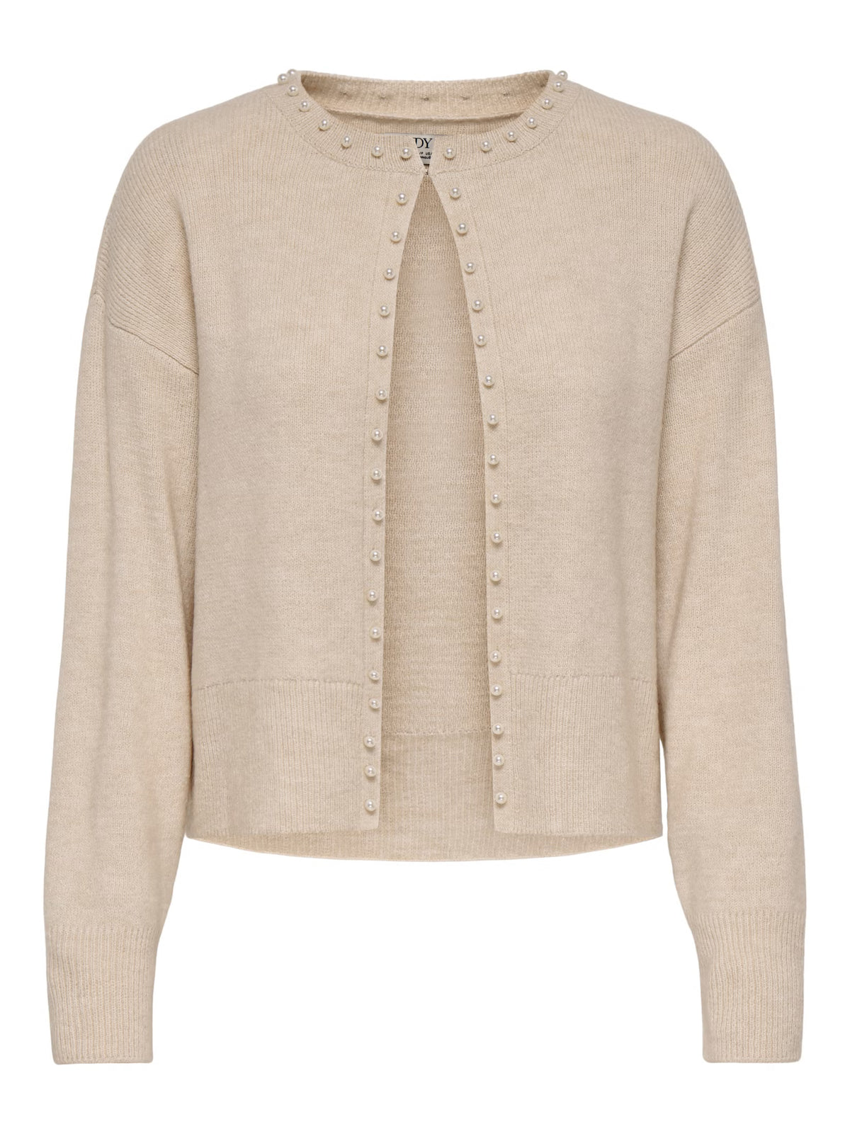 JDY Emmali L/S Onebutton Pearl Cardi – Sandshell w. White Pearls